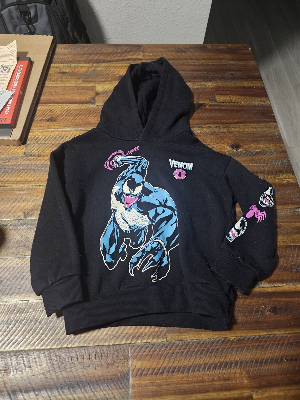 Venom Black Graphic Hoodie with Blue & Pink Art - Kids Size XS